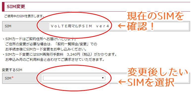 SIMカード変更申込画面